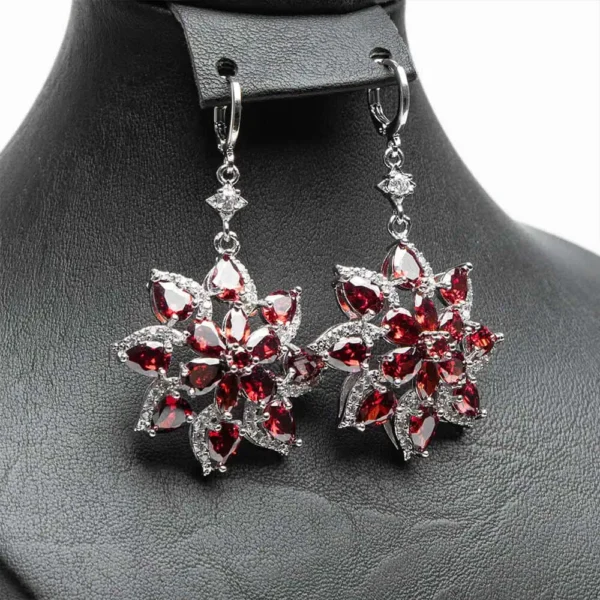Boucles d'oreilles parure La grenade rubis zircons rouges cristaux acier inoxydable
