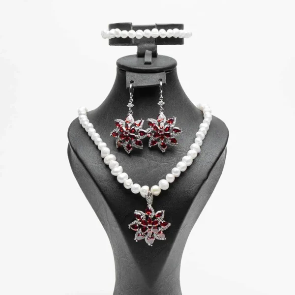Parure complète La grenade rubis perles d'eau douce zircons rouges acier inoxydable
