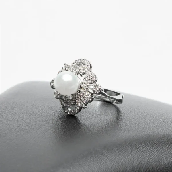 Bague parure Pierre lys de mer perle d'eau douce zircons cristaux finition argentée